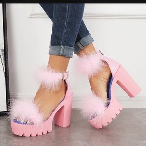 NEVER WORN. Pink Furry Platform Chunky High Heels Open Toe Ankle Strap Sandals